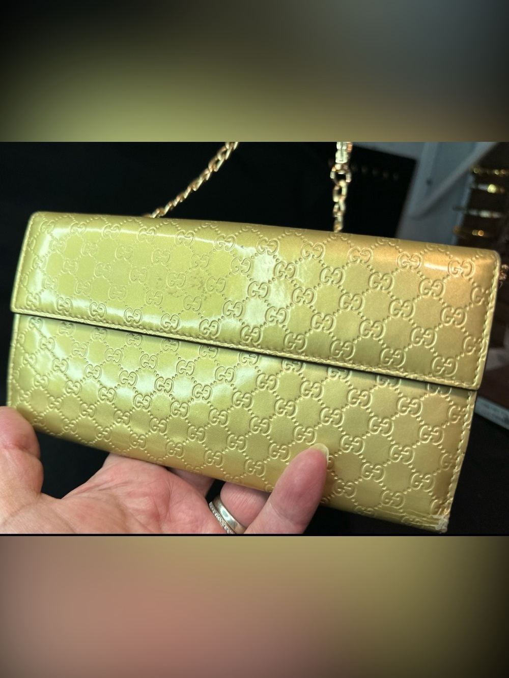 Auth GUCCI Gold Leather Wallet W/Chain, Heart Gg Yellow Leather Italy - Picture 8 of 12